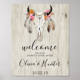 Boho Antlers Skull Wood Welcome Wedding Poster