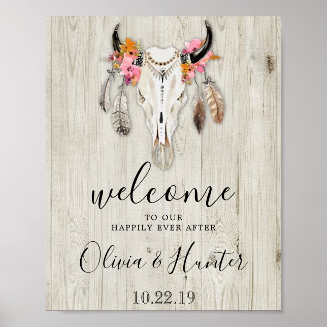 Boho Antlers Skull Wood Welcome Wedding Poster (Vorne)