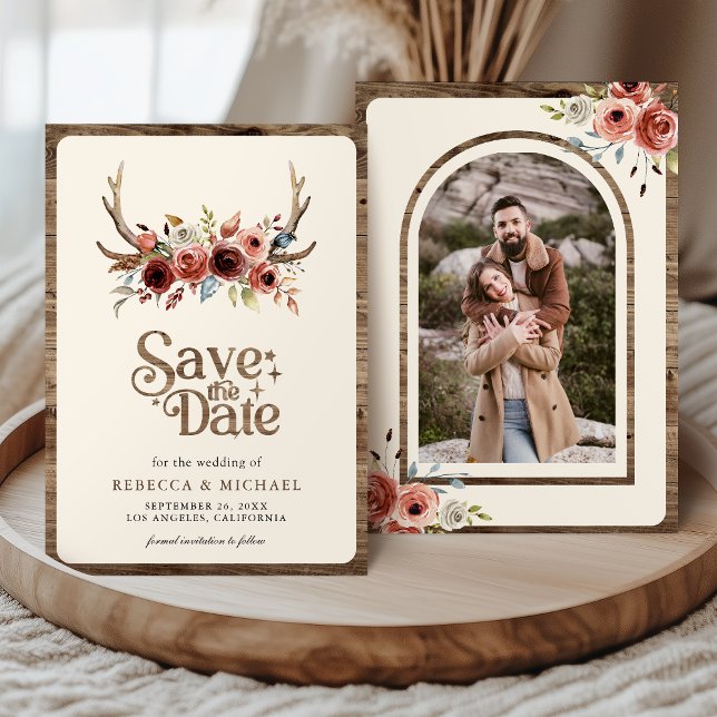 Boho Antlers Terracotta Floral Photo Wedding Save The Date (Von Creator hochgeladen)