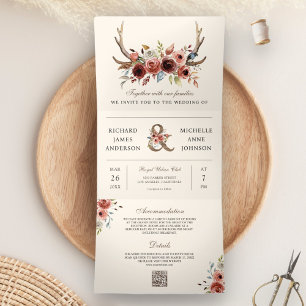Boho Antlers Terracotta Floral QR Code Wedding Dreifach Gefaltete Einladung
