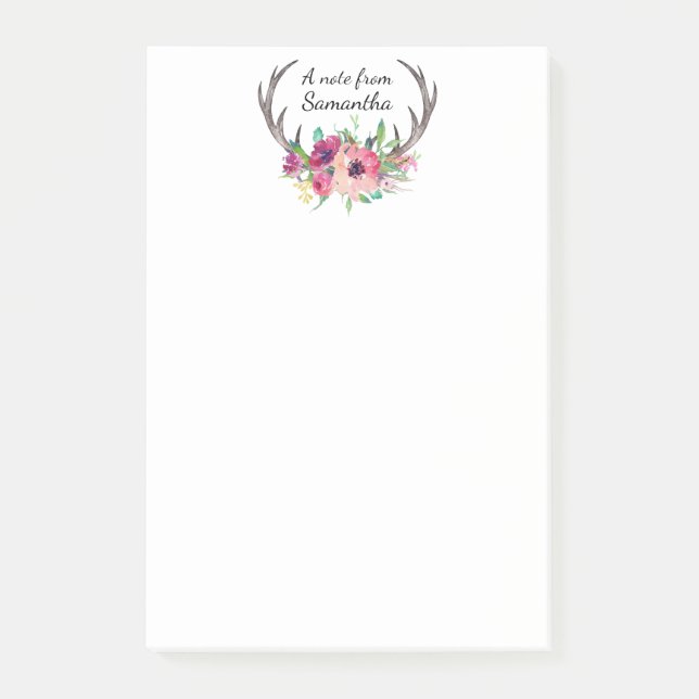 Boho Antlers Wasserfarbenfloral mit Ihrem Namen Post-it Klebezettel (Vorderseite)