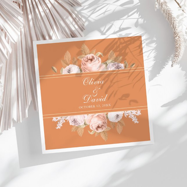 Boho Apricot Peonies Wedding Serviette (Boho Apricot Peonies Wedding Paper Dinner Napkins on a sunny white table.)