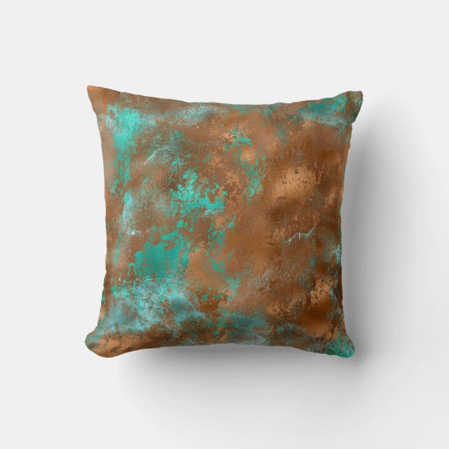Boho Aquamarin Copper Grunge Kissen (Vorderseite)