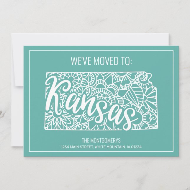 Boho Aquamarin Floral Mandala Kansas Staat Moving Ankündigung (Vorderseite)