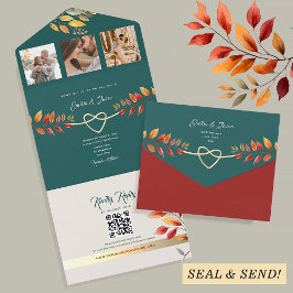 Boho Aquamarin Orange Hochzeit im Herbst All In One Einladung