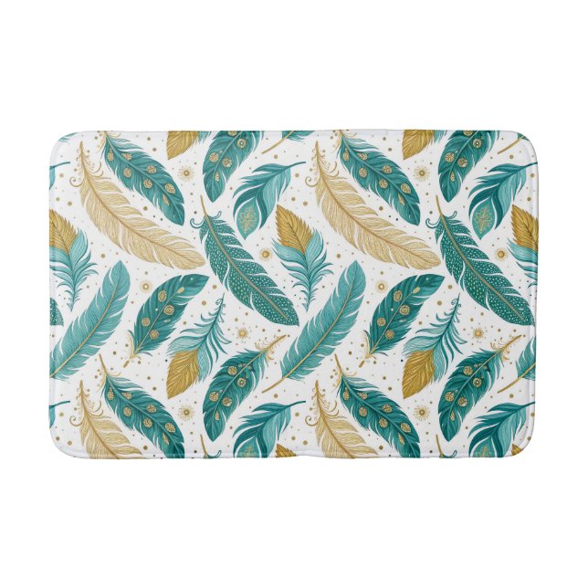 Boho Aquamarin und Gold Feathers Badematte (Vorderseite)