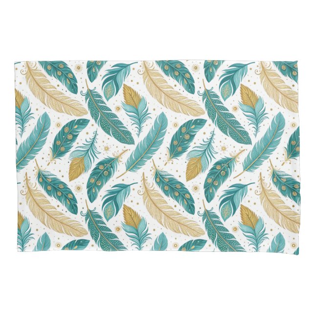 Boho Aquamarin und Gold Feathers Kissenbezug (Vorderseite-Links)