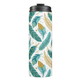 Boho Aquamarin und Gold Feathers Thermosbecher