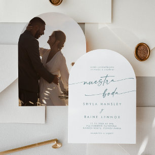 Boho Aquamarin und White Foto Arch Spanish Wedding Einladung
