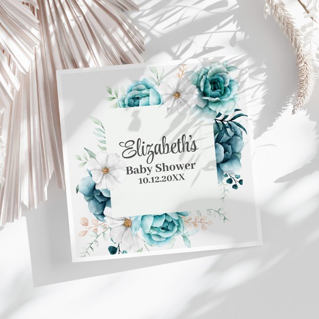 Boho Aquamarin Wildblumen Babydusche Serviette (Boho Teal Wildflowers Baby Shower Napkins on a sunny white table.)