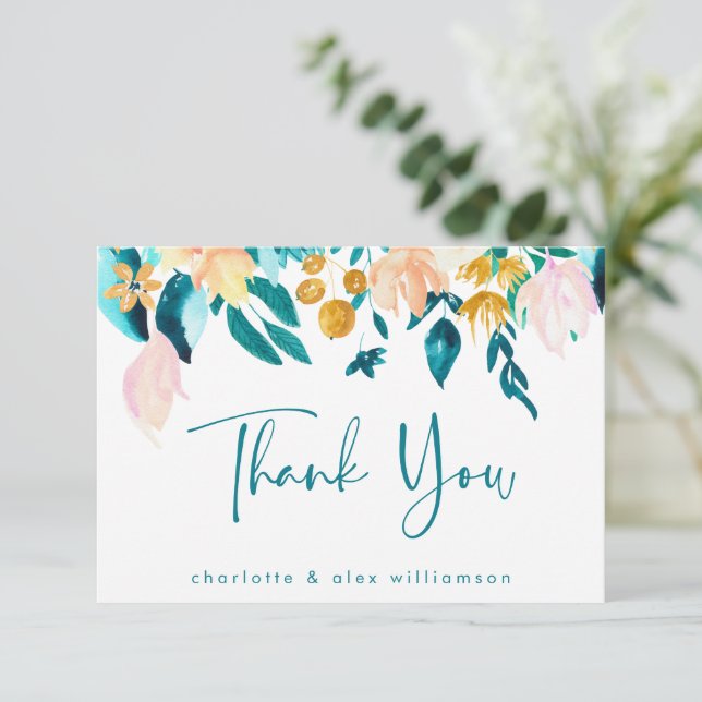 Boho Aquamarine und goldfarbene Flora Custom Flair Dankeskarte (Stehend Vorderseite)
