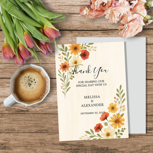 Boho Aquarell Blume botanische Hochzeit Dankeskarte (Boho watercolor flowers botanical wedding thank you card.)