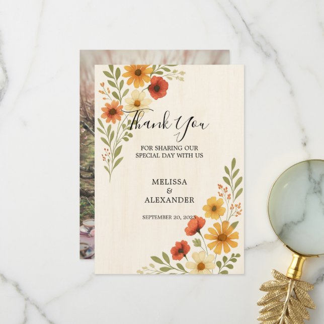 Boho Aquarell Blume Foto Hochzeit Dankeskarte (Vorderseite/Rückseite Beispiel)
