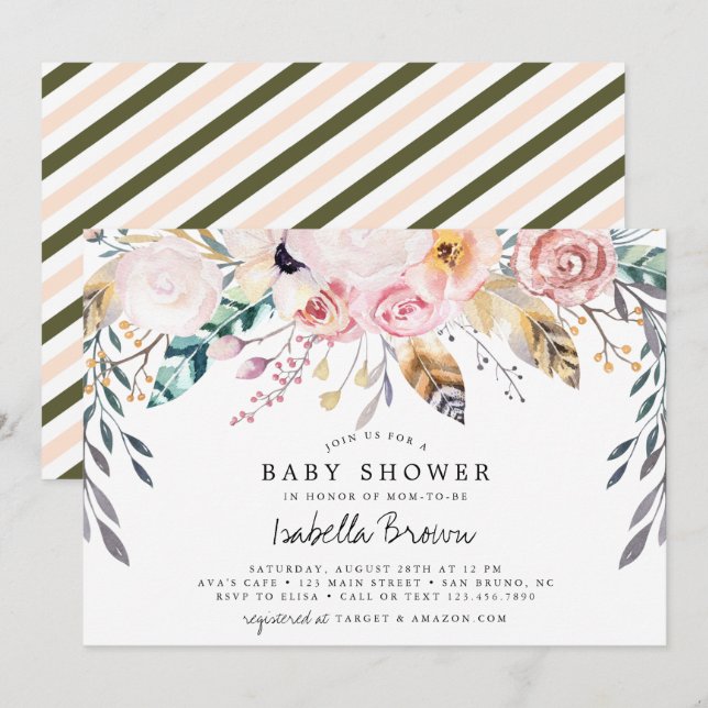 Boho Aquarell Blume und Federn Babydusche Einladung (Vorne/Hinten)