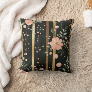 Boho-Aquarell-Blumen Streifen Gold Pink Schwarz Kissen