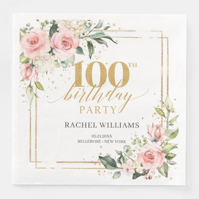 Boho Aquarell Blütengrün 100th b-day Serviette (Vorderseite)