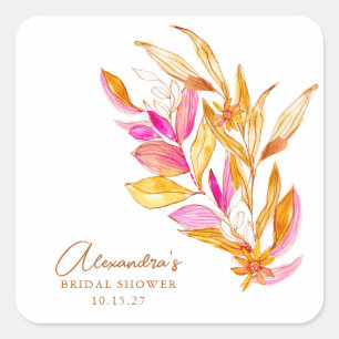 Boho-Aquarell-Botanik-Rosa-Gold-Brautparty Quadratischer Aufkleber