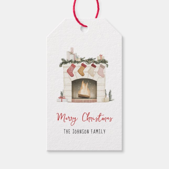 Boho Aquarell Feuerplatz mit Strümpfen Geschenkanh Geschenkanhänger (Vorderseite)