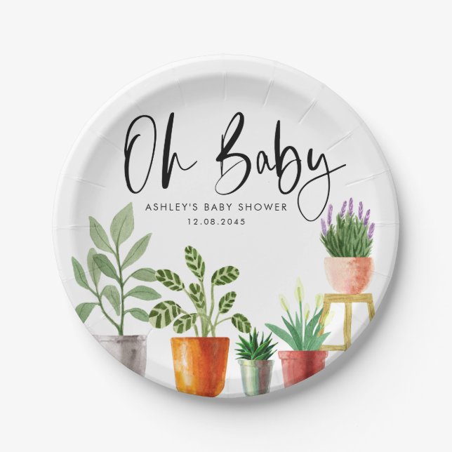 Boho-Aquarell getopfte Zimmerpflanzen Baby Shower Pappteller (Vorderseite)
