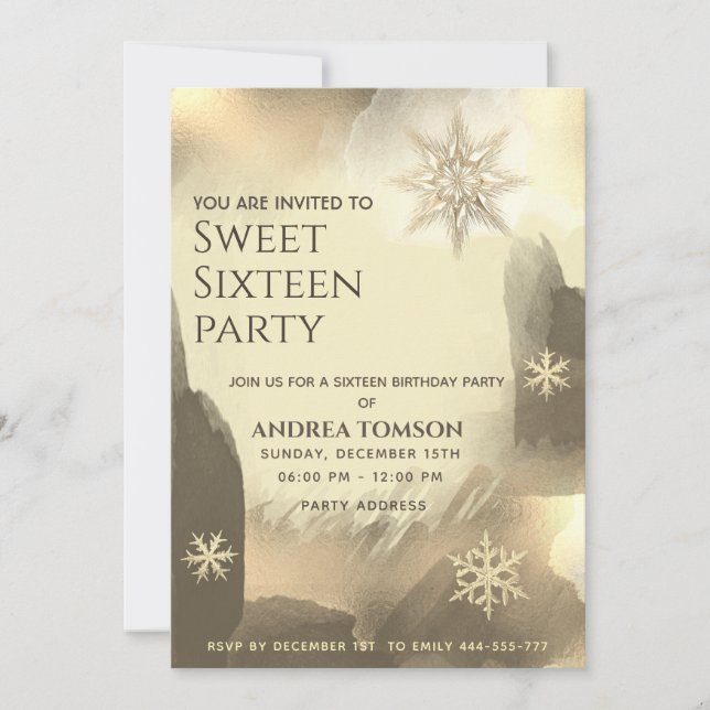 Boho Aquarell Goldschneeflocken Sweet 16 Party Einladung (Vorderseite)