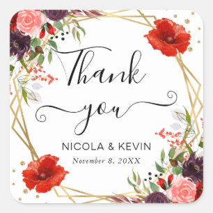 Boho-Aquarell-Herbstblumen-Goldrahmen-Hochzeit Quadratischer Aufkleber