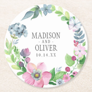 Boho Aquarell mit Blumen u. Schmetterling Wedding Runder Pappuntersetzer