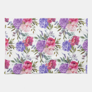 Boho-Aquarell-Rosa- und Lila-Sommerblumen Geschirrtuch