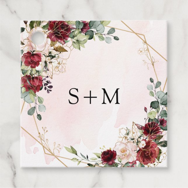 Boho Aquarell-rote Rosen Monogramm-Initialen Geschenkanhänger (Vorderseite)