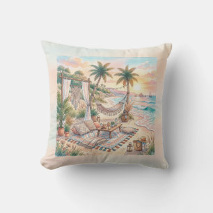 Boho-Aquarell-Tropischer-Strand-Sonnenuntergang-Pi Kissen
