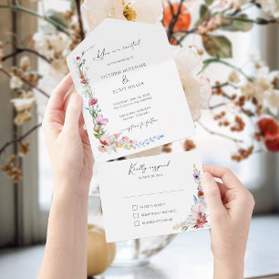 Boho-Aquarell-Wildblumen-Kalligrafie-Hochzeit All In One Einladung