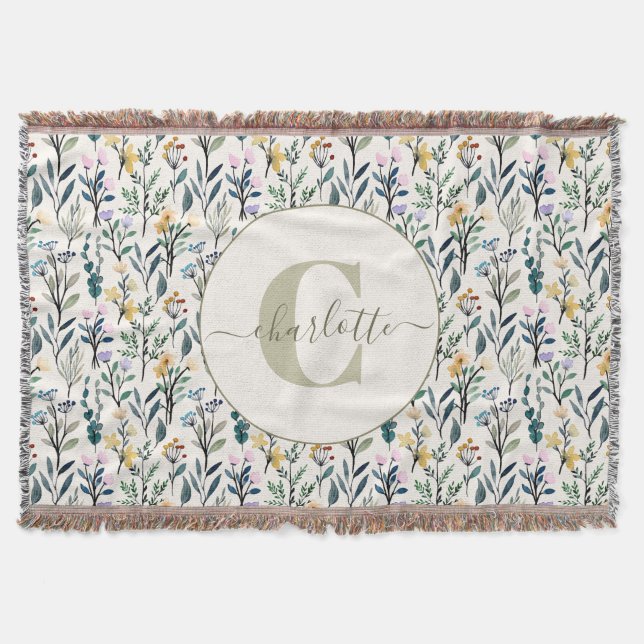 Boho-Aquarell-Wildblumen-Muster-Monogramm-Name  Decke (Vorderseite)