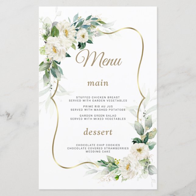 Boho Aquarelle Fleurs blanches Mariage or Menu (Devant)