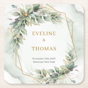 Boho Aquarellgrün Eukalyptus und Goldhochzeit Rechteckiger Pappuntersetzer