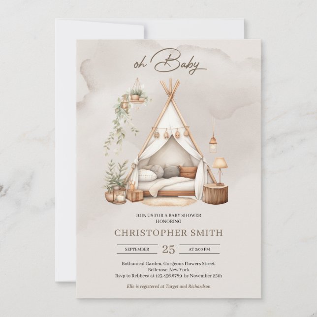 Boho Aquarellgrün und braun Babyzelt neutral Einladung (Vorderseite)