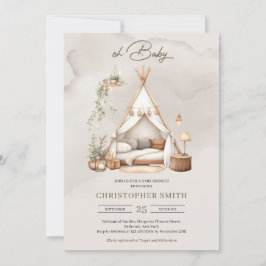 Boho Aquarellgrün und braun Babyzelt neutral Einladung