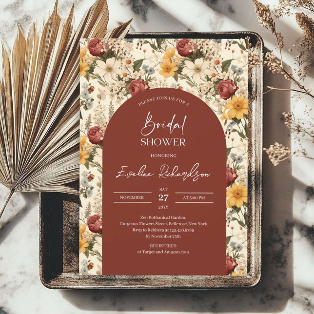 Boho arch Aquarell Terracotta-gelbe Wildblumen Einladung (Boho arch watercolor terracotta yellow wildflowers invitation)