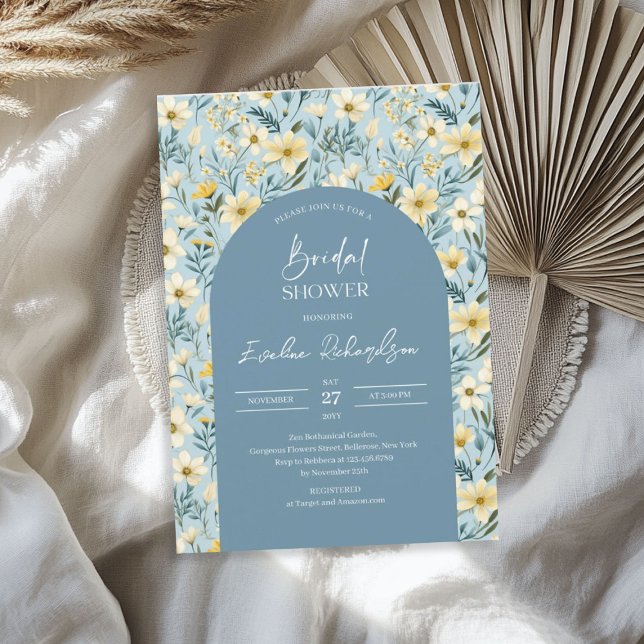 Boho arch Aquarellgelbe staubblaue Wildblumen Einladung (Boho arch watercolor yellow dusty blue wildflowers invitation)