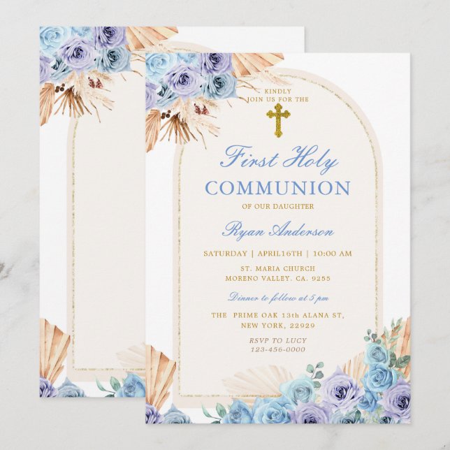 Boho Arch Blue Floral First Heilige Kommune Kreuz Einladung (Vorne/Hinten)