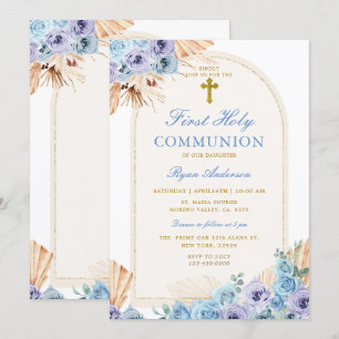 Boho Arch Blue Floral First Heilige Kommune Kreuz Einladung