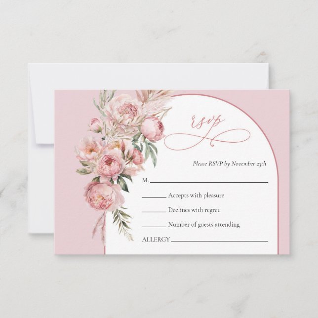 Boho arch blush peonies pampas grass rsvp card karte (Vorderseite)