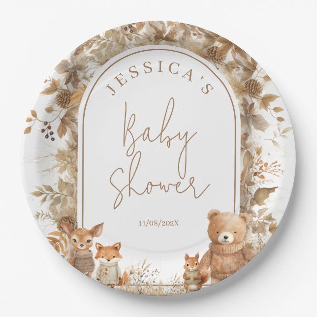 Boho Arch Fall Woodland Animals Baby Dusche Pappteller (Vorderseite)