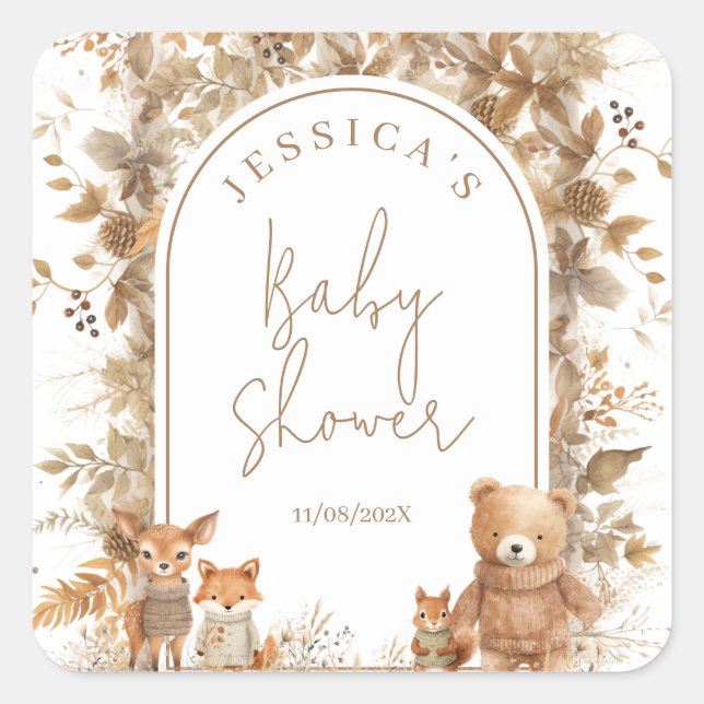Boho Arch Fall Woodland Animals Baby Dusche Quadratischer Aufkleber (Vorderseite)