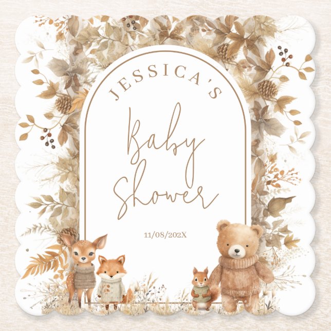 Boho Arch Fall Woodland Animals Baby Dusche Untersetzer (Vorderseite)