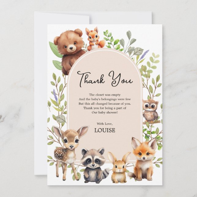 Boho Arch Greenery Woodland Animals Baby Shower Dankeskarte (Vorderseite)