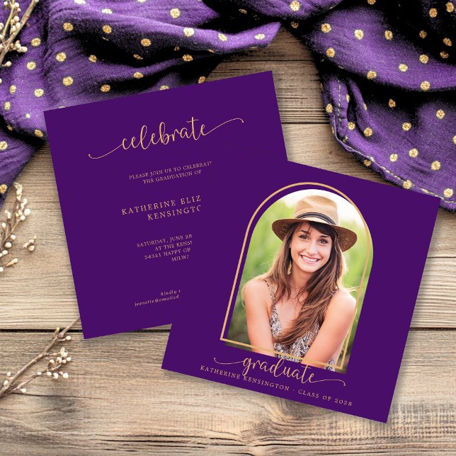 Boho Arch Minimalistisch Lila Gold Foto Abschluss Einladung (Boho Arch Minimalist Purple Gold Photo Graduation Invitation)