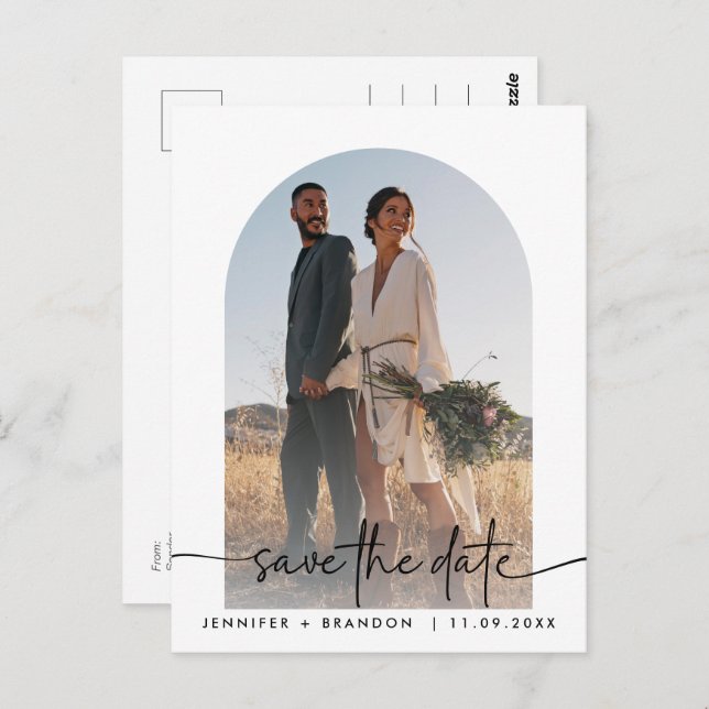 Boho arch overlay Calligraphy Save the Date Photo Postkarte (Vorne/Hinten)