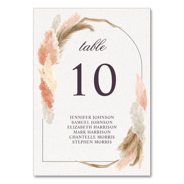 Boho arch pampas gras Moderne Hochzeit Tischnummer (Vorderseite)