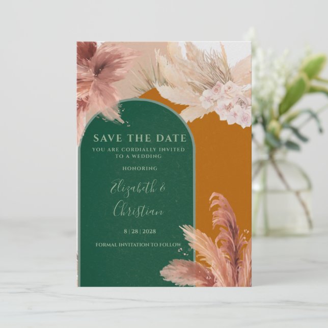 Boho Arch Pampas Grass Save the Date Einladung (Stehend Vorderseite)
