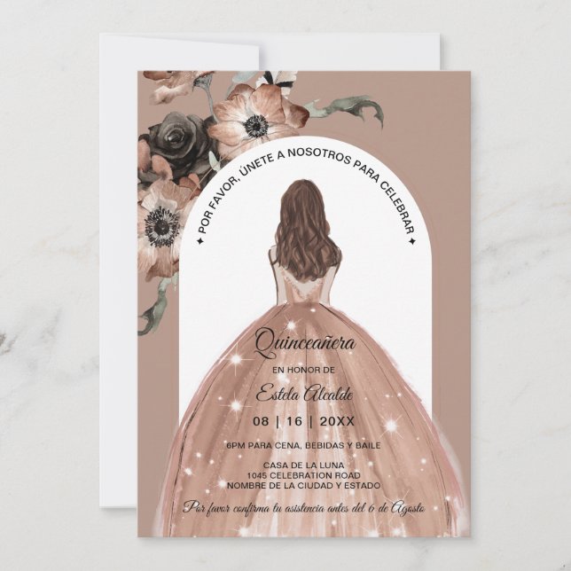 Boho Arch Pink Floral Quinceañera Einladung (Vorderseite)