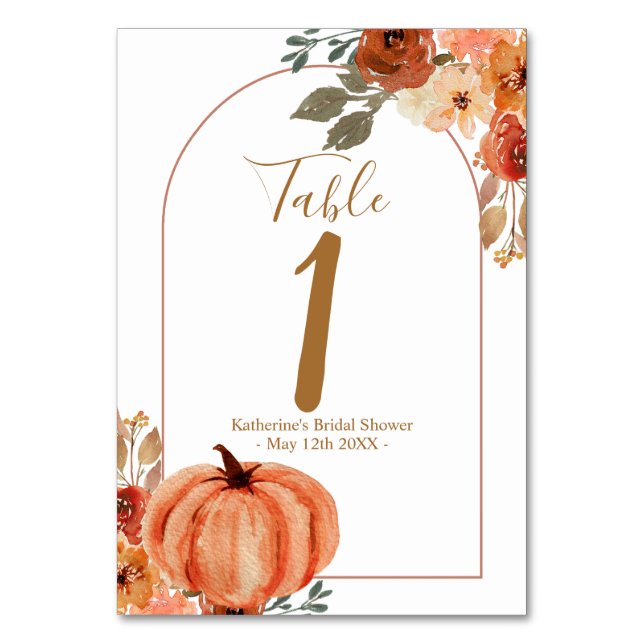 Boho Arch Pumpkin Terracota Floral Brautparty Tischnummer (Vorderseite)